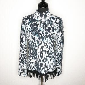 Tyler Boe white black blue fringe trim animal print sweater size Medium